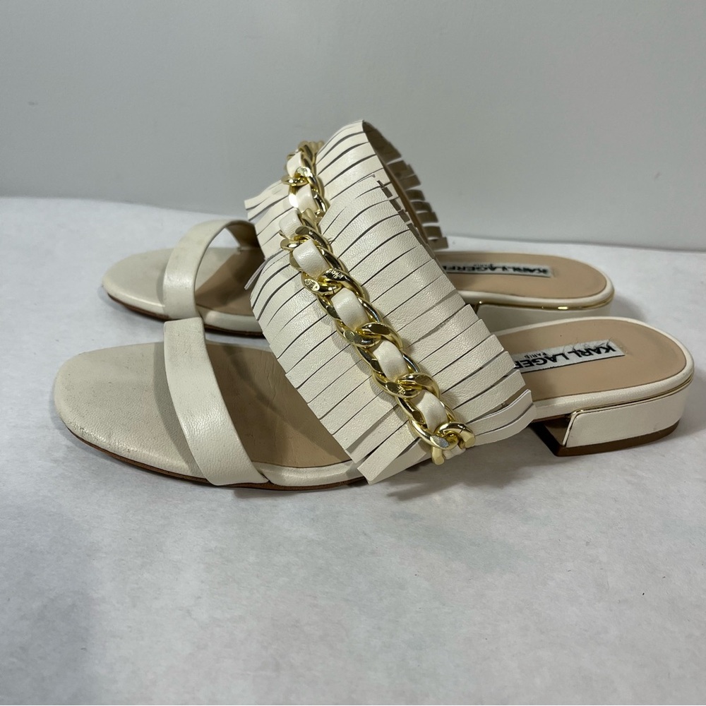 Karl Lagerfeld Athens Sandals Fringe Gold Chain Ivory Size 6.5 - Picture 4 of 8